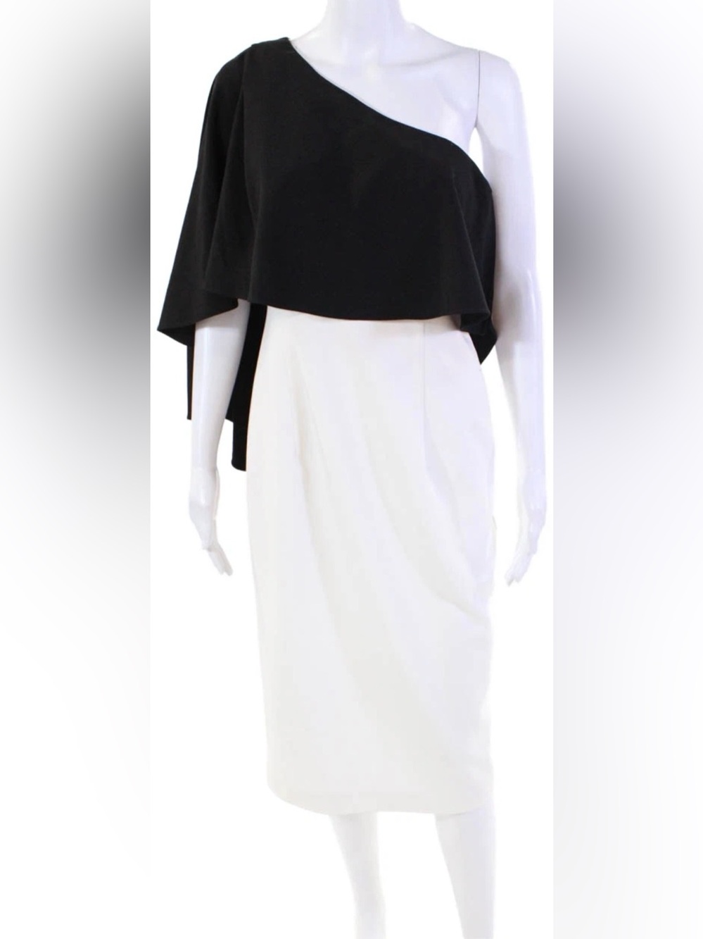 Black halo formal one shoulder dress with bat wing sleeves in black and white 6